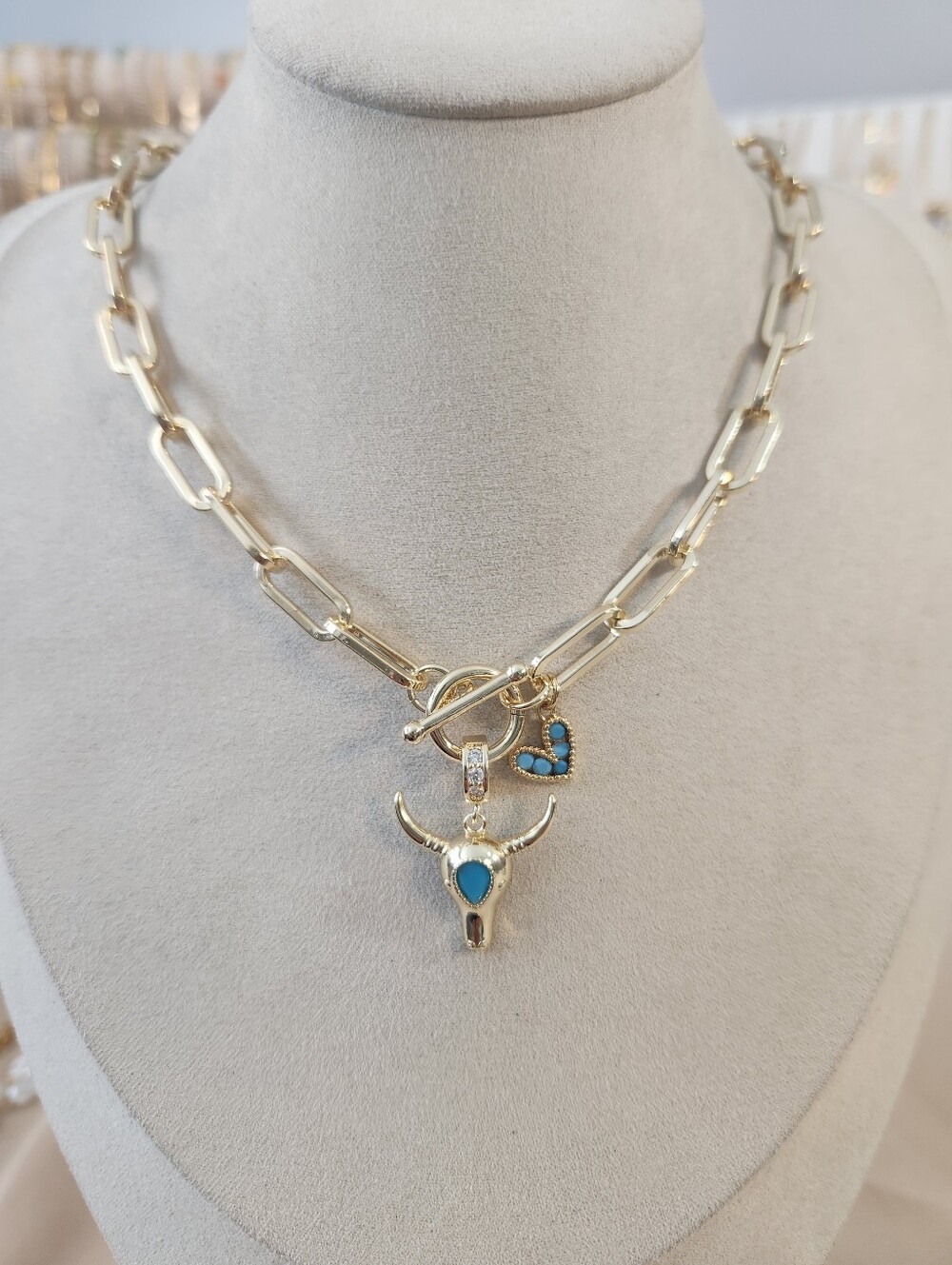14k Gold Plated Charm Toggle Necklace